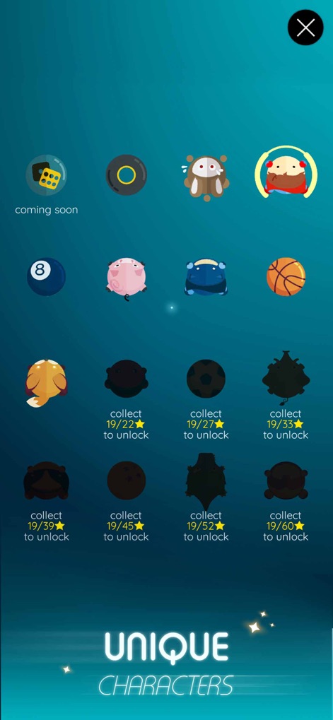Dancing Ballz: Magic Tiles - Discover the array of unique character designs available for customization, with a clear progression system indicating stars required to unlock new ballz.