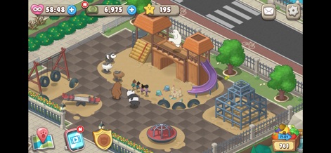 We Bare Bears Match3 Repairs - Explore a lively playground environment, complete with interactive equipment like the slide and swings, while tracking progress through the coins and stars UI.