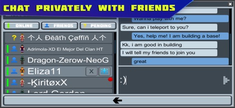 Planet of Cubes Craft and Mine - Esta tela exibe o recurso de chat privado, onde os usuários podem ver uma lista de amigos ativos para conversas. As bolhas de diálogo na janela de chat permitem a troca de mensagens diretas e privadas entre os jogadores.