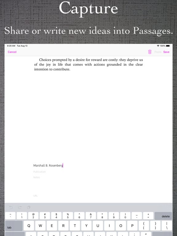 Passages Quote Journal iPad screenshot 1 - Book app