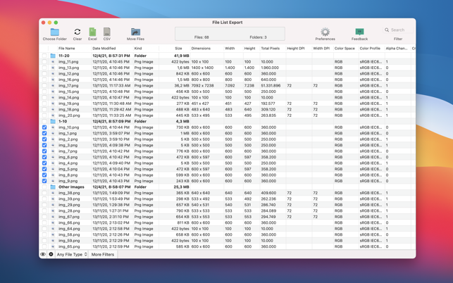 Snímek obrazovky Export seznamu souborů