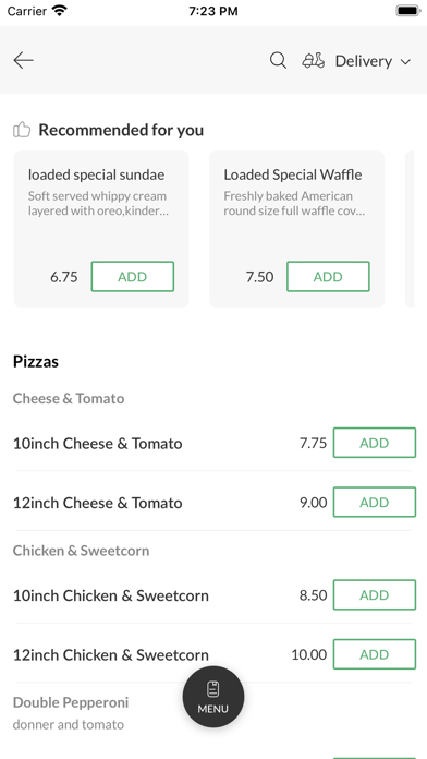 Desserts and Pizza. Screenshot