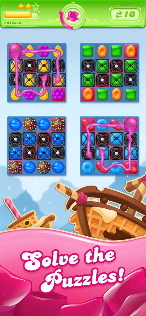 Candy Crush Jelly Saga - This screenshot highlights intricate multi-grid challenges, where players must solve puzzles by manipulating pre-set jelly patterns across distinct game boards.