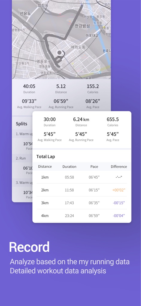 RunDay: Run,Walk,Stairs,Hiking - Review comprehensive workout records including a visual route map and detailed "Total Lap" data for in-depth performance analysis.
