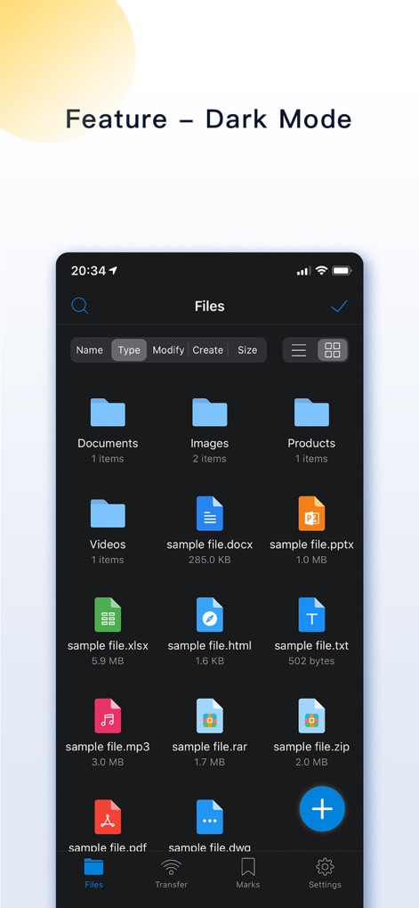 FileMate - La aplicación se adapta a las preferencias visuales del usuario con un elegante 'modo oscuro', donde la interfaz de lista de archivos y la 'barra de estado' se presentan con tonos oscuros para una mejor visualización.