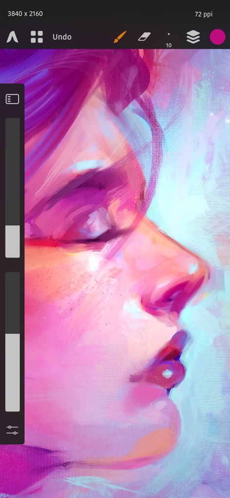 Artstudio Pro: Draw, Paint - 이 앱은 생생한 색감과 정교한 브러시 스트로크를 통해 아티스트가 풍부한 디지털 그림을 완성할 수 있도록 지원하며, 화면 좌측의 조절 슬라이더와 상단의 직관적인 도구 아이콘은 작업 효율성을 극대화합니다.