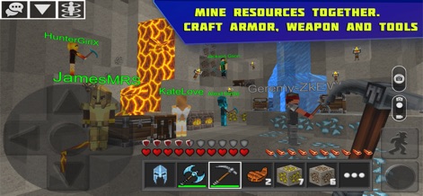 Planet of Cubes Craft and Mine - Este ambiente subterrâneo exibe a extração de recursos valiosos, com veios de diamantes e correntes de lava iluminando o local. Os usuários podem notar os vários minérios brutos e os itens artesanais como armaduras e ferramentas na barra de inventário.
