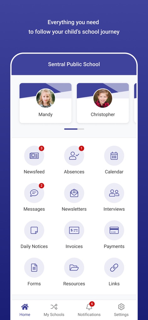 Sentral for Parents - La schermata principale offre accesso immediato ai profili degli studenti, come visibile nelle schede di Mandy e Christopher, e una navigazione chiara tramite un set di icone per le funzioni essenziali dell'app.