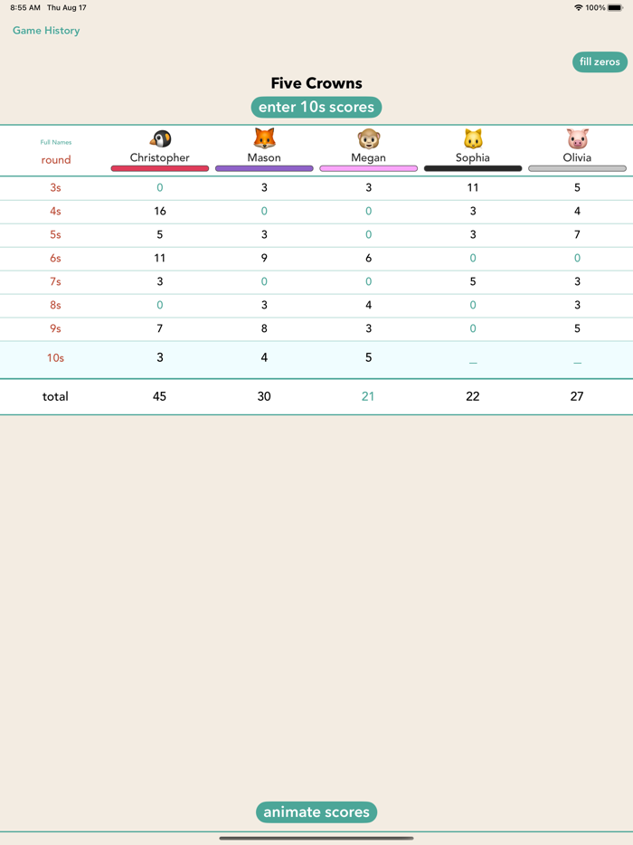 Party Animals Scoresheets