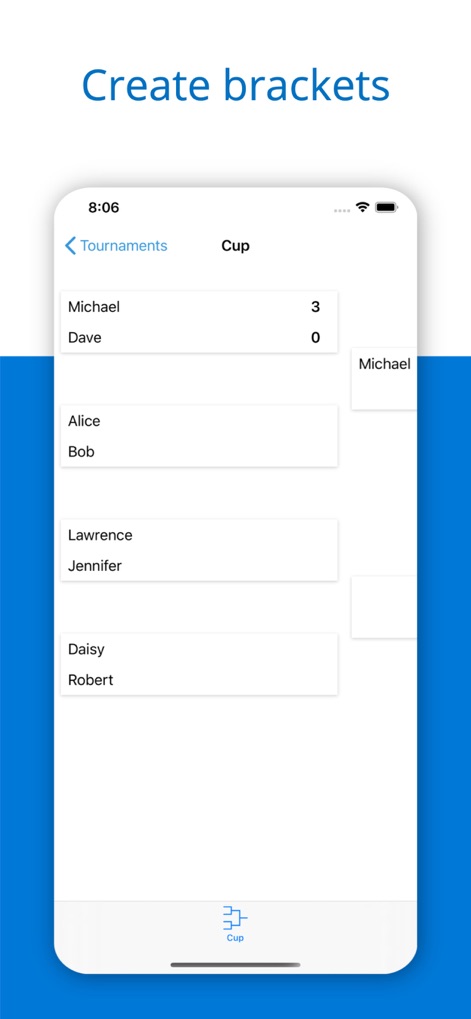 Tournament Maker - Bracket - Die App ermöglicht das einfache Erstellen von Turnierbäumen, wobei die Spielerpaarungen und die aktuellen Punktstände der Teilnehmer klar ersichtlich sind.