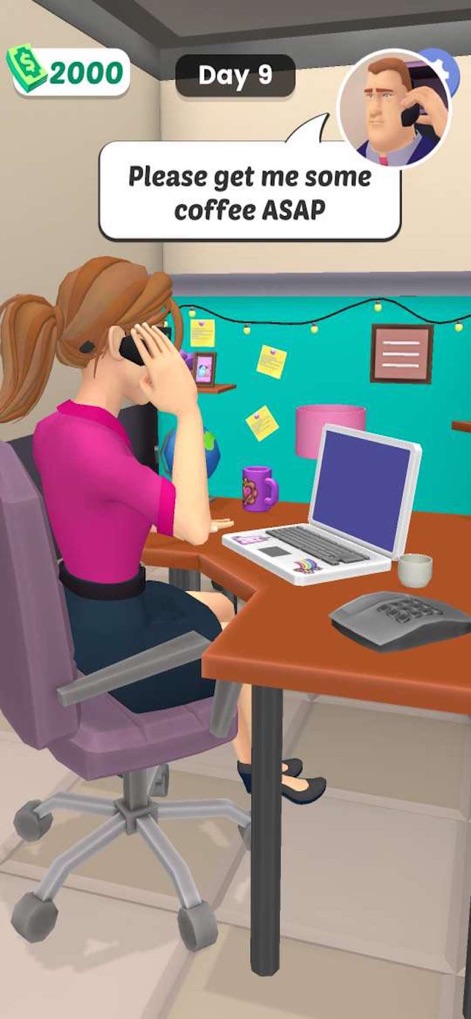 Hyper PA - The app showcases the protagonist handling urgent demands, depicted by her speaking on the phone and the boss's speech bubble requesting coffee ASAP.