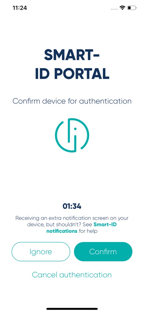 Smart-ID - Die App fordert den Nutzer auf, das Gerät für die Authentifizierung zu bestätigen, ersichtlich am Titel "SMART-ID PORTAL" und einem aktiven Countdown von 01:34.