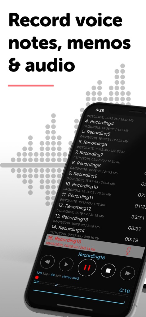 Dictaphone - Audio Recorder - 이 앱은 음성 메모, 회의 및 강의를 손쉽게 녹음할 수 있게 합니다. 사용자는 녹음 목록에서 'Recording15'와 같은 개별 항목을 쉽게 선택하고 하단에 표시된 재생 컨트롤을 활용하여 오디오를 들을 수 있습니다.
