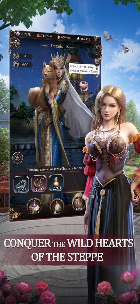 Game of Khans - Horde Battle - The app illustrates detailed character profiles and engaging gift-giving mechanics, crucial for developing intimate relationships within the imperial court.