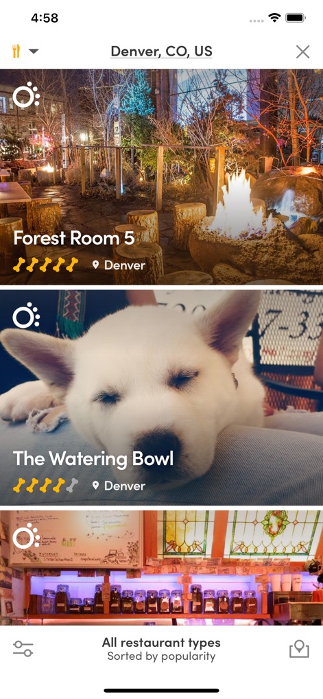 BringFido - The app displays a variety of pet-welcoming restaurants, presenting diverse atmospheres and providing at-a-glance bone ratings for quick assessment.