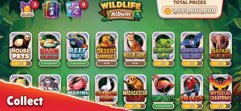 Domino Go: Dominoes Board Game - This screen highlights the engaging "Wildlife Album" feature, allowing users to track their progress in various animal collection categories and view cumulative total prizes.