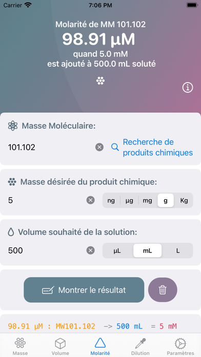 Screenshot #1 pour Lab Mate — Molarité & Dilution