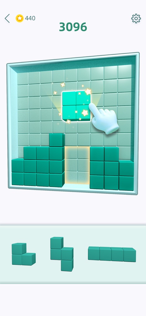 SudoCube - Block Puzzles Games - Explore the intuitive block interaction mechanics, guided by a clear hand gesture, and the visual glow upon successful block placement.