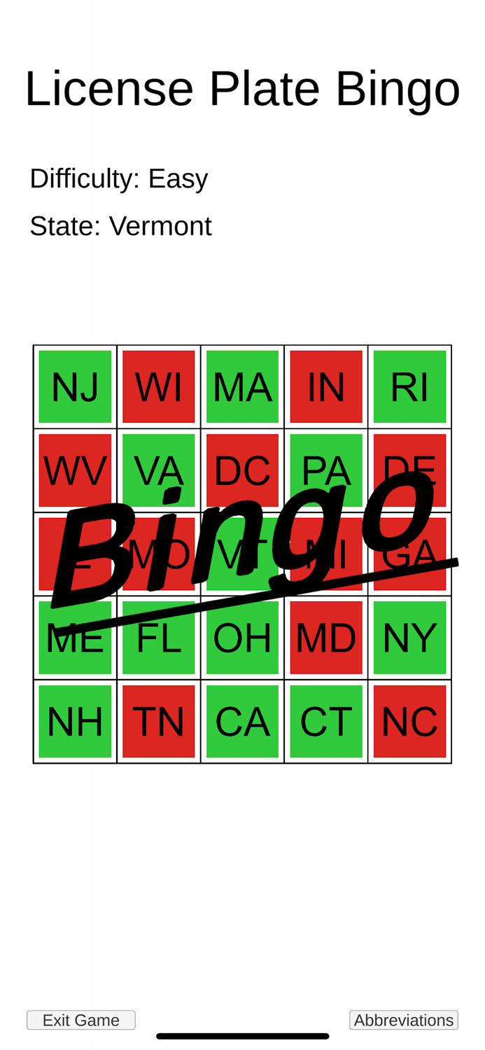U.S. License Plate Bingo