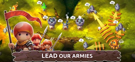Mushroom Wars 2: RTS Strategy - 旗を掲げたキノコ兵士が前線に立ち、多様な部隊とタワーが敵陣へと進攻する準備をしている様子が、数字の表記とともに示されています。