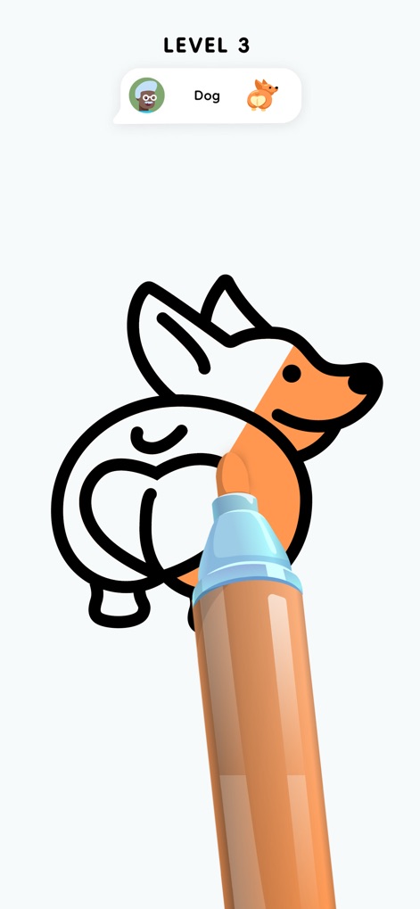 Color Page ASMR – Art Coloring - Users can see the progression through distinct levels, like 'LEVEL 3', and engage in coloring delightful animal outlines with a vibrant virtual marker.
