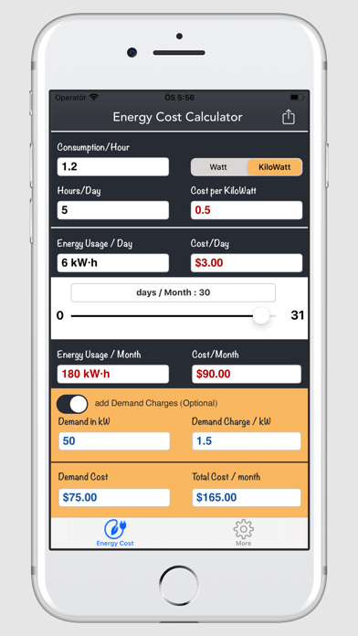 Energy Cost Calculator Screenshot