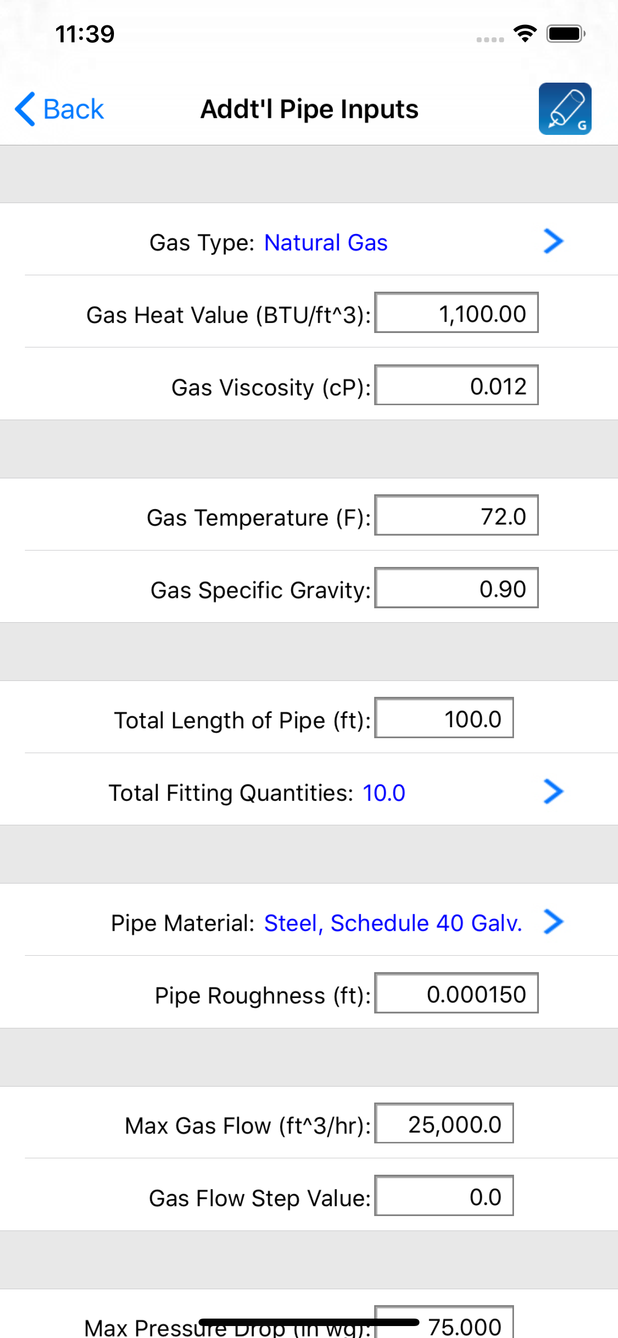 HVAC Pipe Sizer - Gas Plus