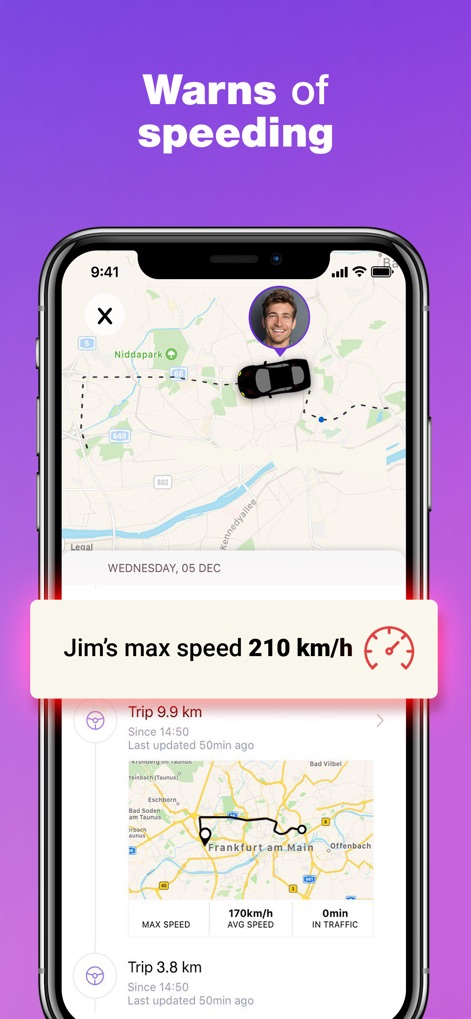 My Family: Find Friends Phone - O aplicativo alerta sobre excesso de velocidade, exibindo uma notificação clara com a velocidade máxima de um indivíduo e um resumo detalhado da viagem.