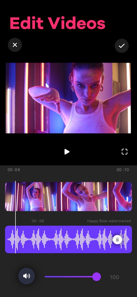 Video Editor: Make Music Video - This interface showcases intuitive video playback with an interactive audio waveform timeline, allowing users to precisely align music and adjust video volume levels.