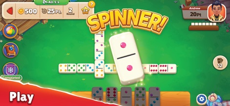 Domino Go: Dominoes Board Game - See the dynamic "Spinner!" bonus in action and how the app displays live player scores and in-game currency at the top of the screen.