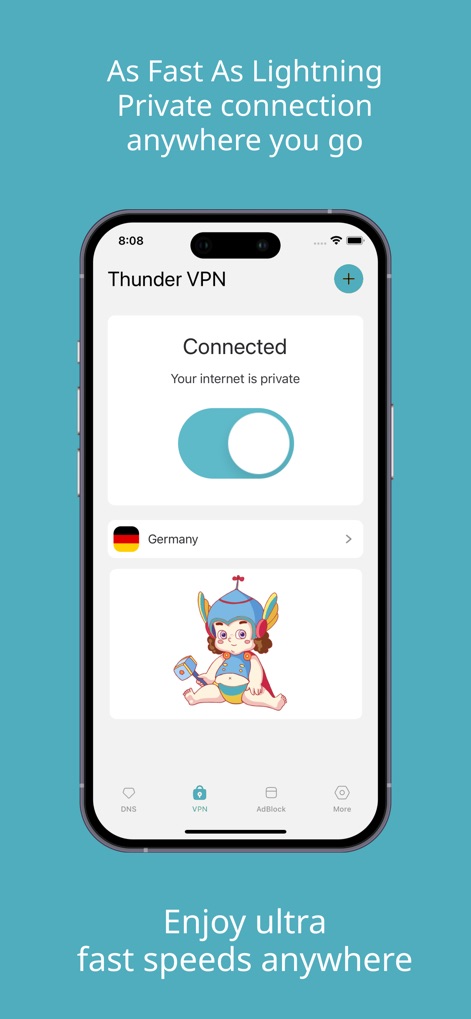 Thunder VPN: VPN Fast & Secure - Observe the intuitive 'Connected' status display and the easy-to-use toggle switch, alongside the selected VPN server location prominently featuring its national flag.