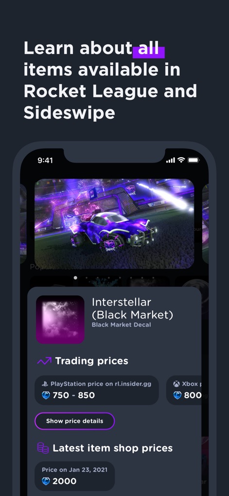 RL Garage for Rocket League - Nutzer erhalten umfassende Informationen zu Items, einschließlich des 'Interstellar (Black Market)' Decals, und können dessen aktuelle 'Trading prices' über verschiedene Plattformen hinweg überprüfen.
