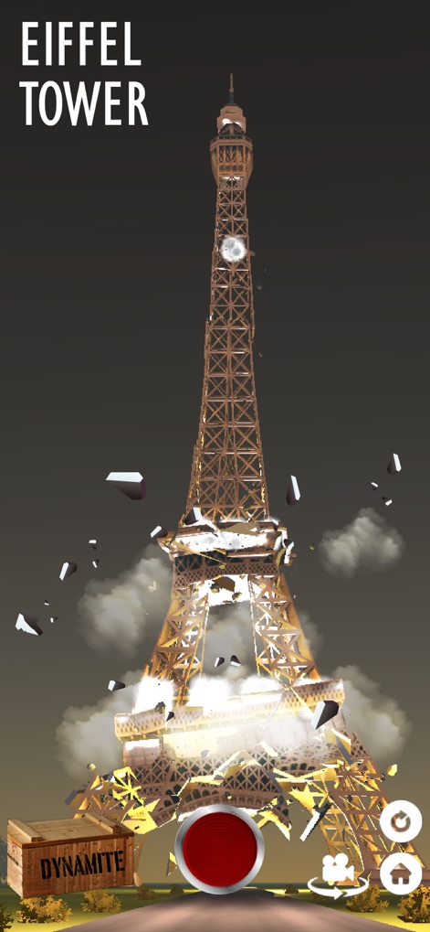 Fake Island: Demolish! - Experience the detailed physics of destruction as the "Eiffel Tower" dramatically implodes into shattered pieces against a dark, atmospheric backdrop.