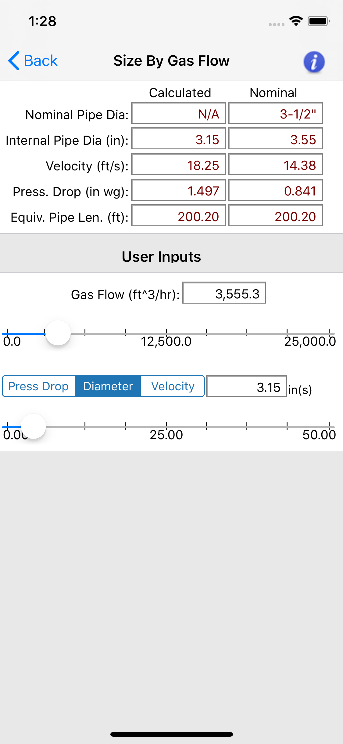 HVAC Pipe Sizer - Gas Low
