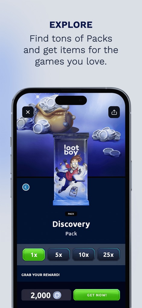LootBoy: Packs. Drops. Games. - L'application permet aux utilisateurs de découvrir des packs "LootBoy" aux illustrations captivantes et de choisir parmi différentes quantités, de l'unité au lot de 25 packs, pour enrichir leur inventaire.