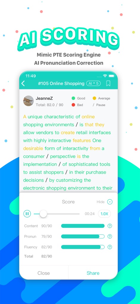 PTE Exam Practice - APEUni - Discover how the app’s advanced AI Scoring Engine provides a detailed score breakdown for content, pronunciation, and fluency, along with color-coded performance indicators to highlight areas for improvement.