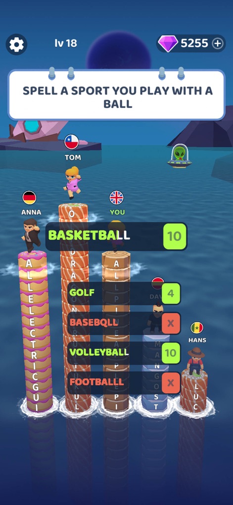 Words to Win - Guess Words - Cette capture révèle les multiples options de mots à choisir (ex: "BASKETBALL", "GOLF") et le système de validation instantanée des réponses (vert pour correct, rouge pour incorrect).