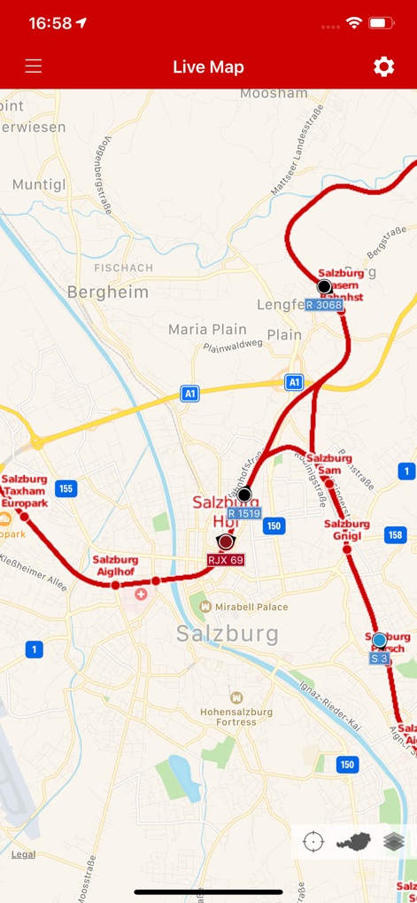 ÖBB Scotty - The app's live map visually tracks train routes across Austria, allowing users to see current train locations and detailed station information.