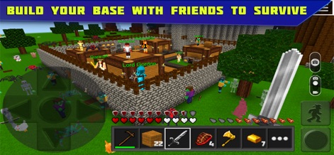 Planet of Cubes Craft and Mine - Os jogadores podem construir estruturas robustas como esta base cercada por muros de pedra e cercas de madeira para proteção. Esta ferramenta permite a colaboração, facilitando a criação de refúgios seguros contra ameaças do ambiente e outros jogadores.