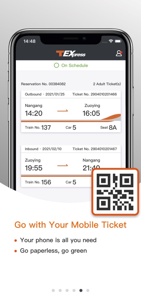 台灣高鐵 T Express行動購票服務 - The app clearly presents essential travel details like 'Train No. 137' and 'Car 5 Seat 8A', complemented by an easily scannable QR code for seamless entry.