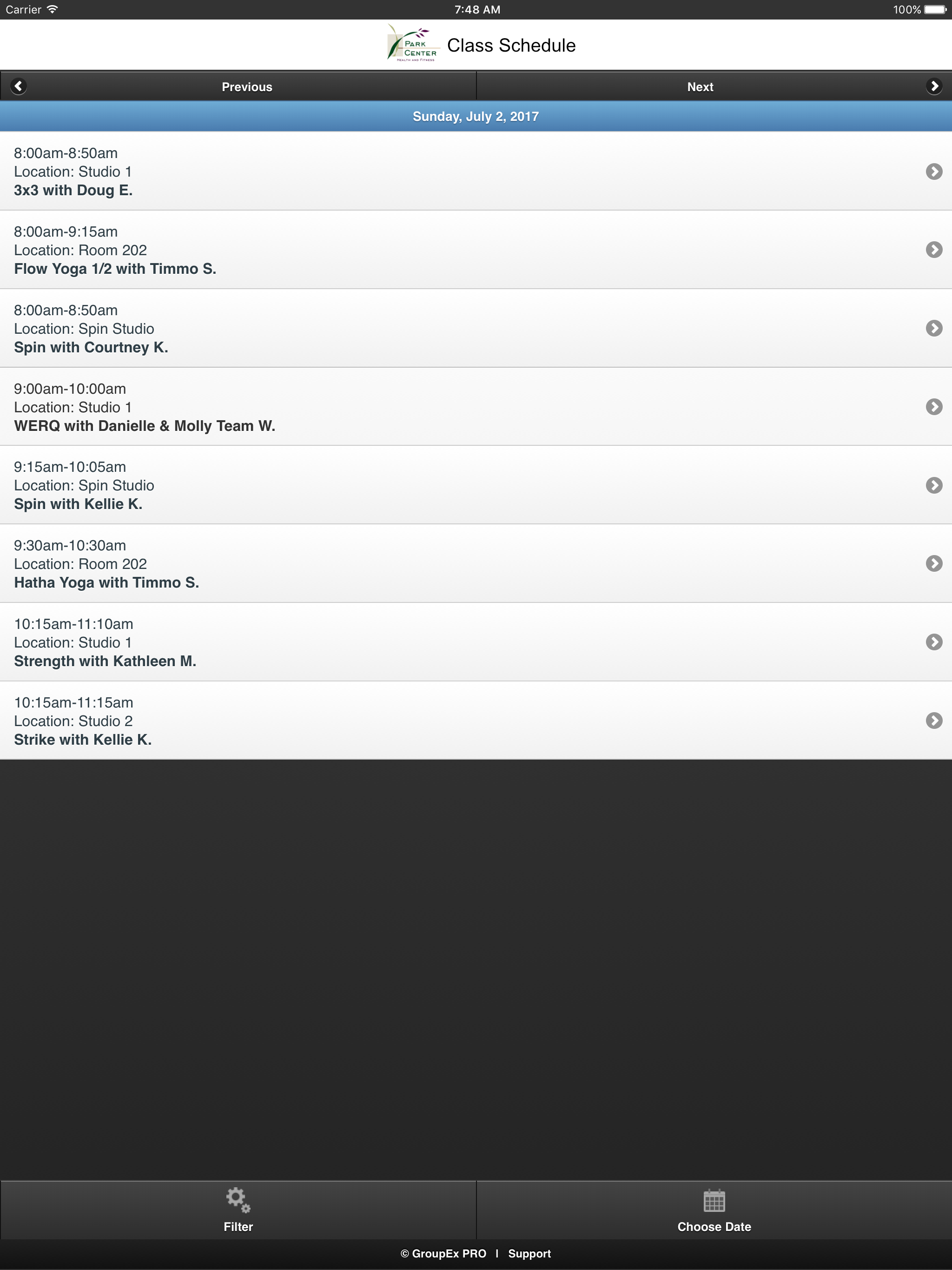 Park Center Health and Fitness Schedule