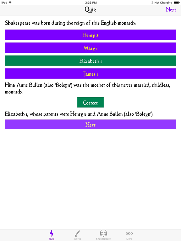 ShakesQuiz: Shakespeare quiz & complete works iPad screenshot 1 - Education app