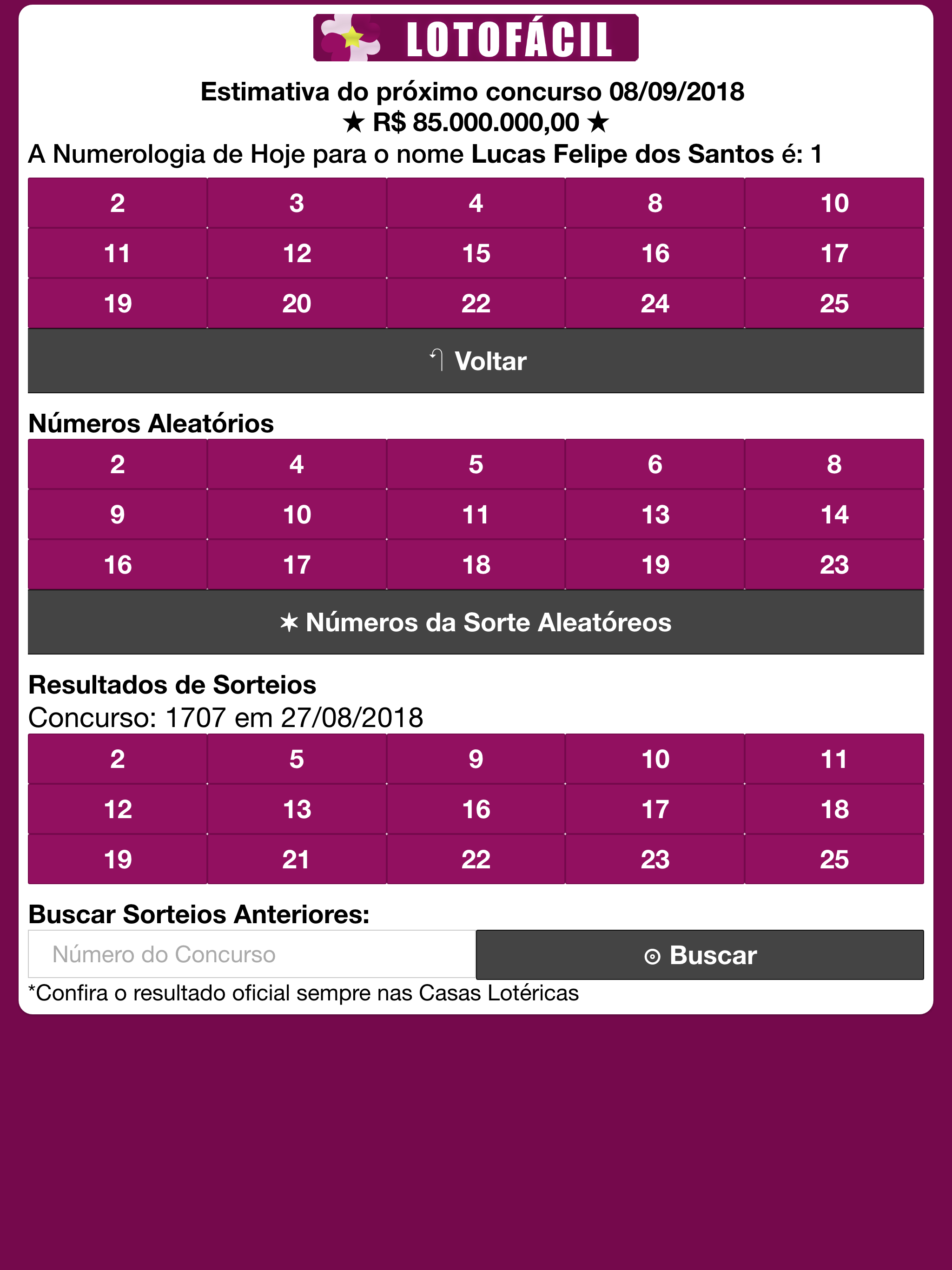 Lotofácil Gerador de Números