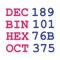 This app converts numbers from decimal numeral system to binary, hexadecimal, octal and vice versa