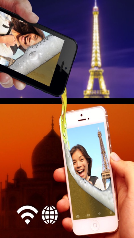 iBeer - Drink from your phone - Esta imagen ilustra la innovadora función de simulación de vertido entre dispositivos, junto con la capacidad de los usuarios para cambiar entre fondos temáticos globales, como la Torre Eiffel y el Taj Mahal.