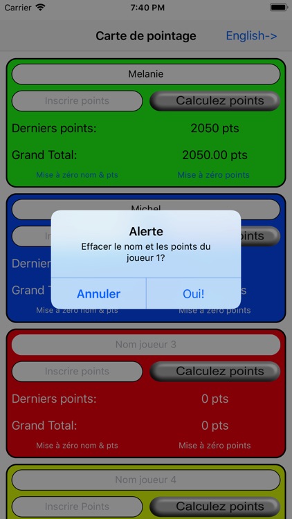 Score Card - Carte de pointage