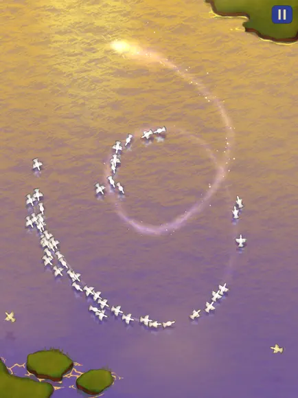 A screenshot of Skyward Journey, an aerial view looking down at birds atop an ocean.