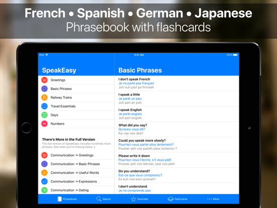 SpeakEasy ~ French, Spanish, German Offline Phrasebook and Flashcards with Native Speaker Voice and Phonetics screenshot