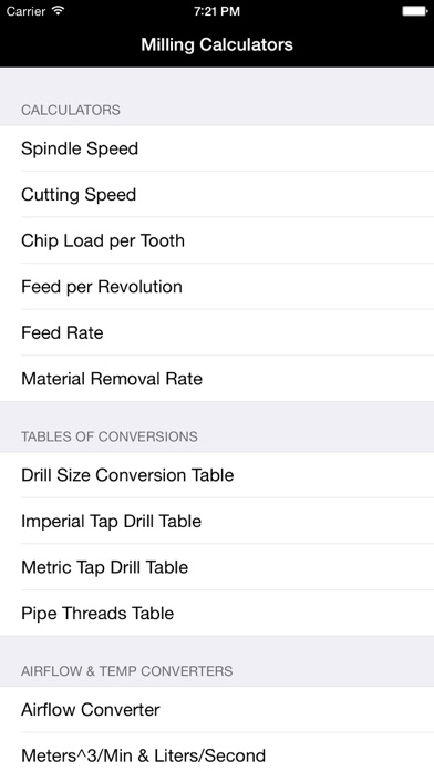 Milling & Machining calculator: Spindle & Cutting Speed, Chip Load per Tooth, Feed / Revolution & Rate, Material Removal Screenshot 1