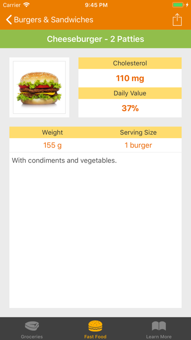 Cholesterol Food Reference Screenshot